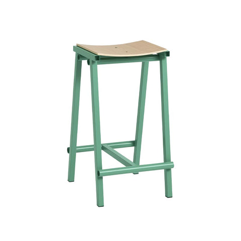 Taburete 8 Bar Stool - Low - Soft Jade Powder Coated Base / Lacquered Oak Veneer Seat, des. Marc Morro for HAY