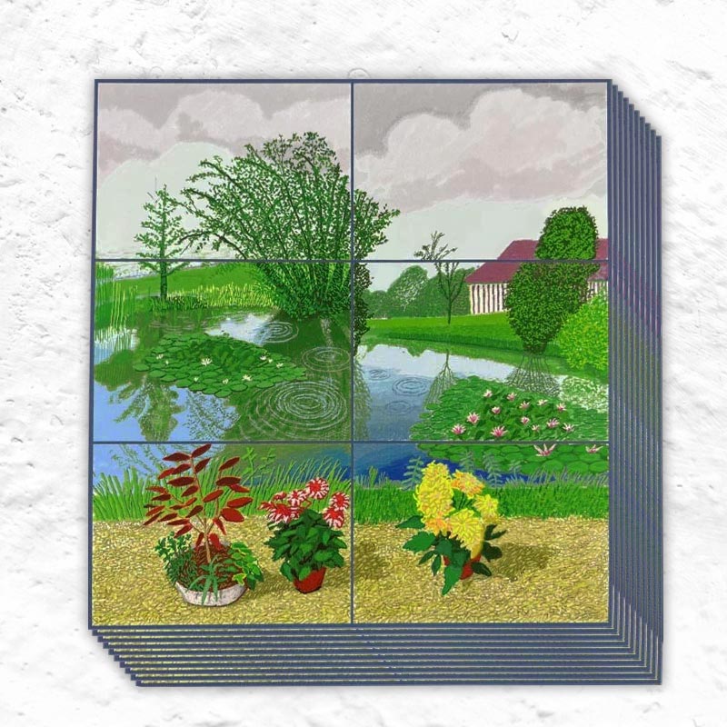 Water Lilies in the Pond with Pots of Flowers postcard by David Hockney - pack of 10