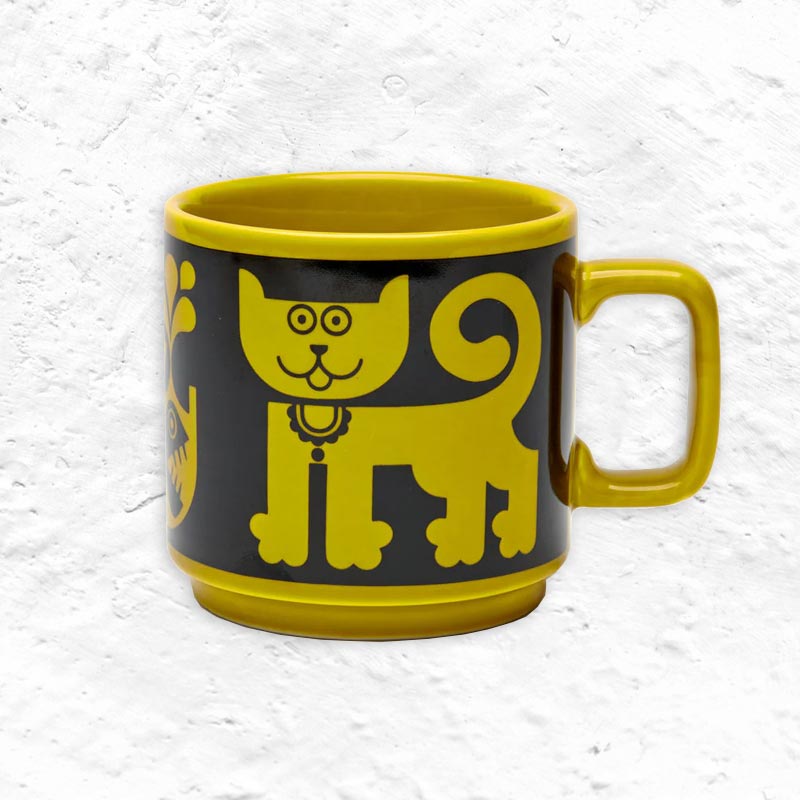 Magpie x Hornsea Mug with Cat and Piranha motif in Chartreuse