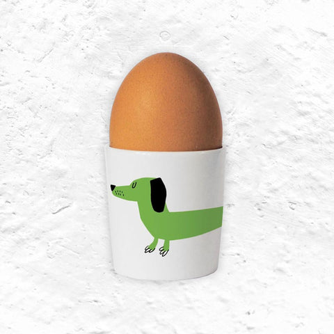 Happiness Bone China Egg Cup - Sausage Dog, Green - made in Stoke-On-Trent by Repeat Repeat