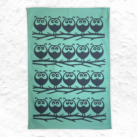 Magpie x Hornsea, Owls on Branch Tea towel in teal