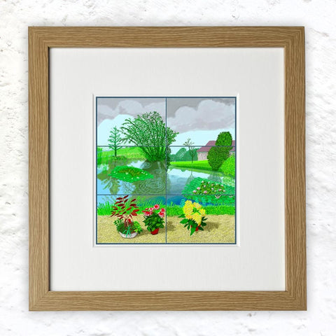 Water Lilies in the Pond with Pots of Flowers (Mini-Frame) by David Hockney